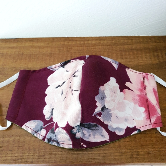 5 for $15 * Floral Burgandy Satin Face Mask - Picture 2 of 6
